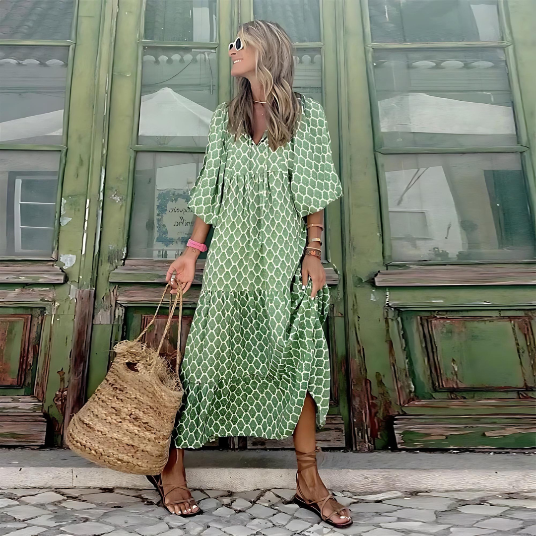 Women's Spring Dress |  V-neck Repeating Patterned Design