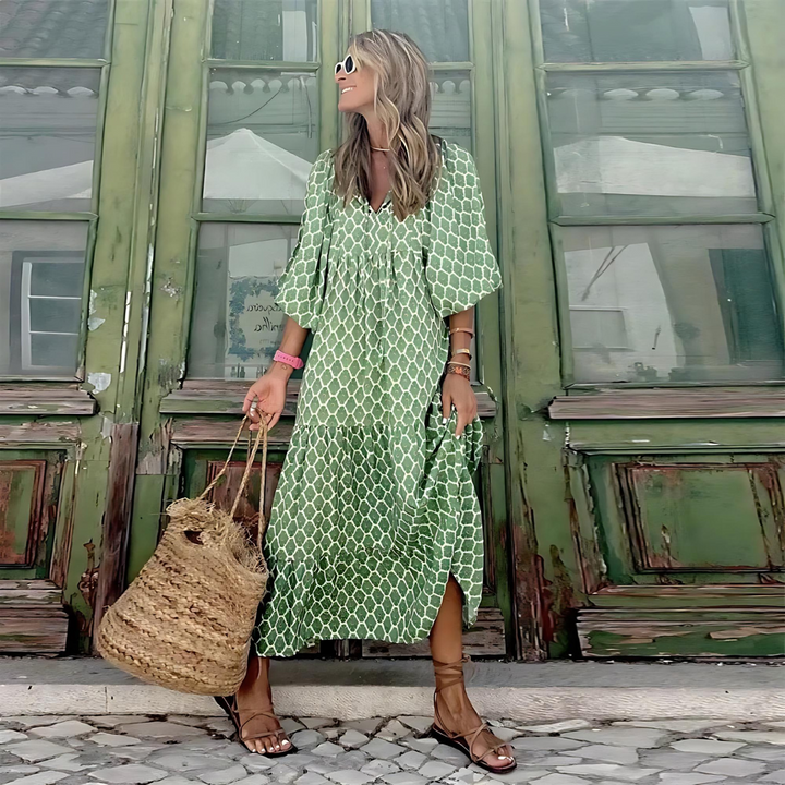 Women's Spring Dress |  V-neck Repeating Patterned Design