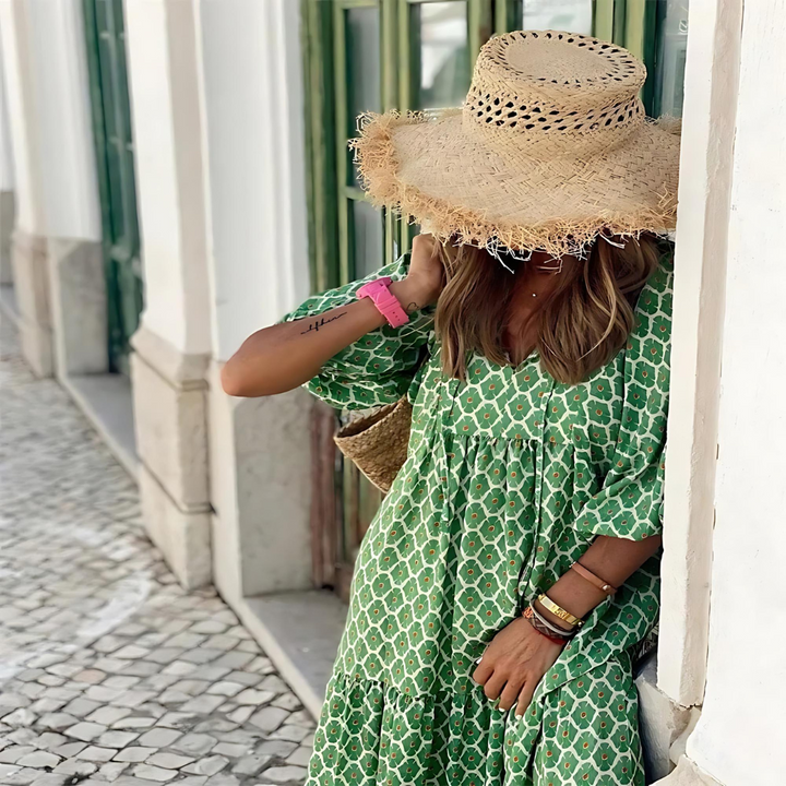 Women's Spring Dress |  V-neck Repeating Patterned Design