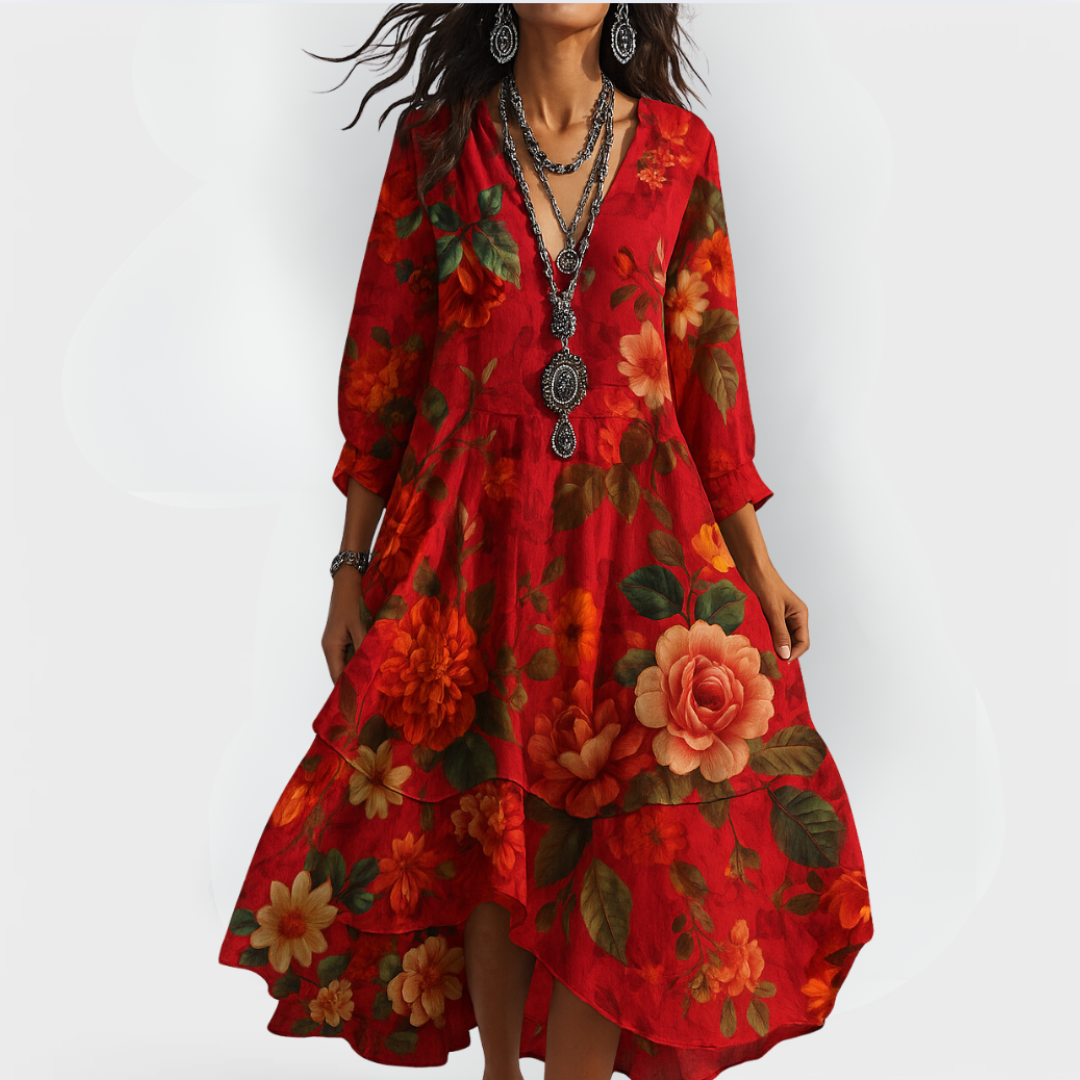 Women's Boho Dress | V-Neck 3/4 Sleeve Floral Midi