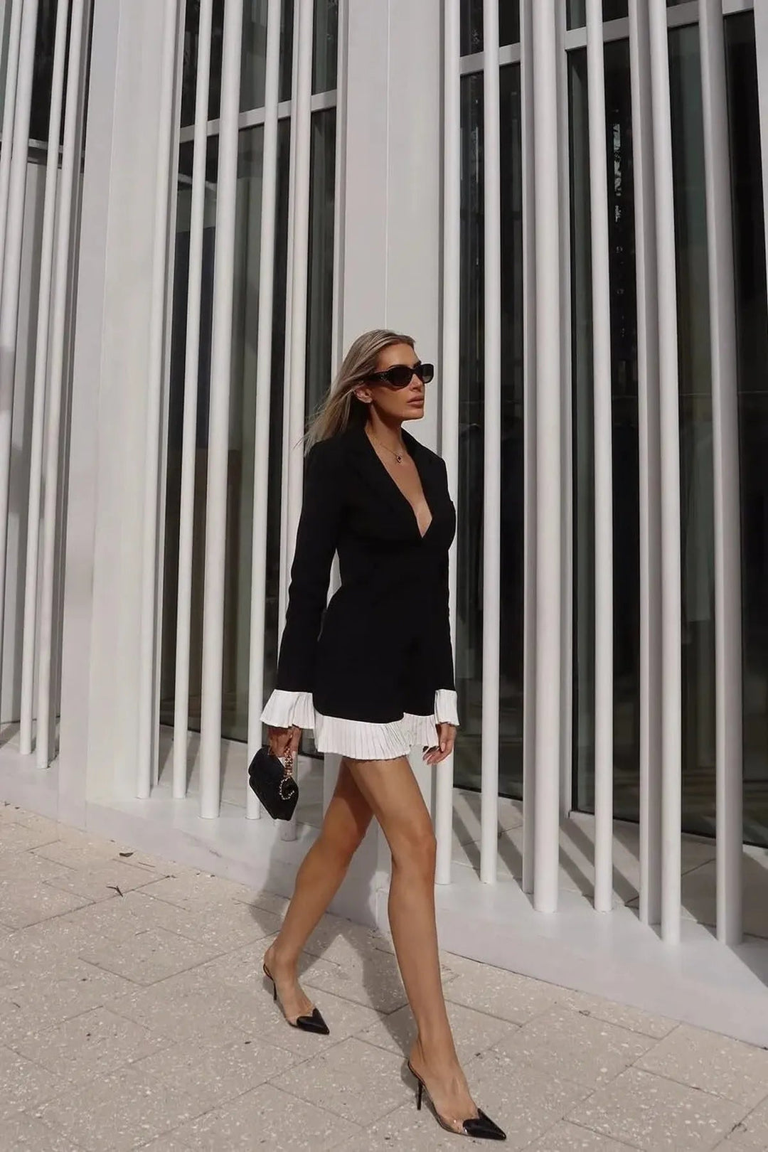 V-Neck Pleated Classy Casual Mini Dress with Button Front Closure