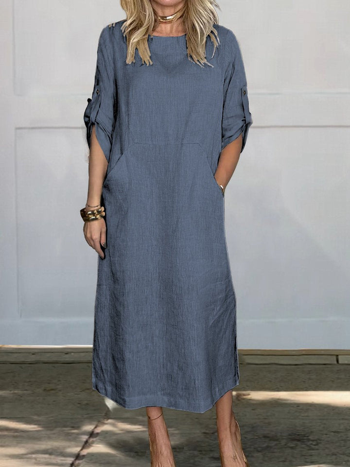 Women's Solid Color V-Neck Linen Pocket Dress