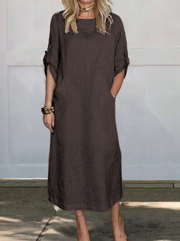 Women's Solid Color V-Neck Linen Pocket Dress