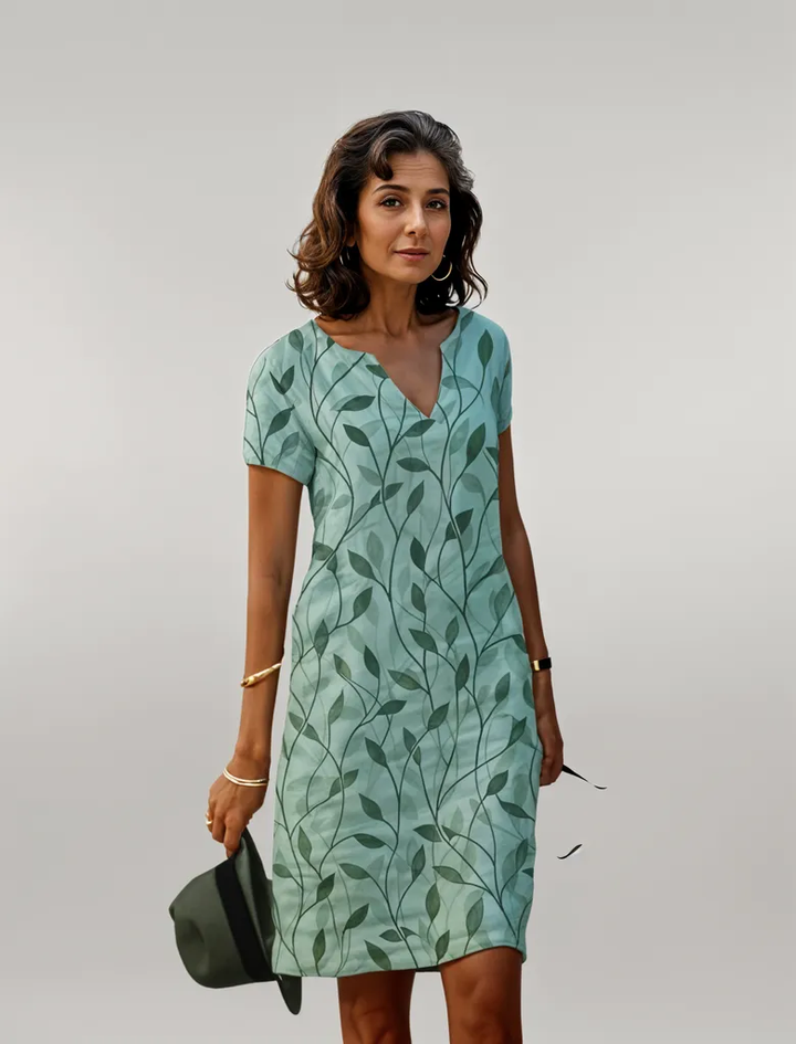 Women’s Dress | V-Neck Mini Dress With Leaf Pattern
