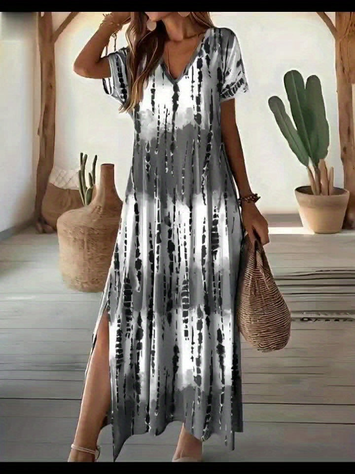 Women Tie Dye V-Neck Dress Split Sleeve Summer