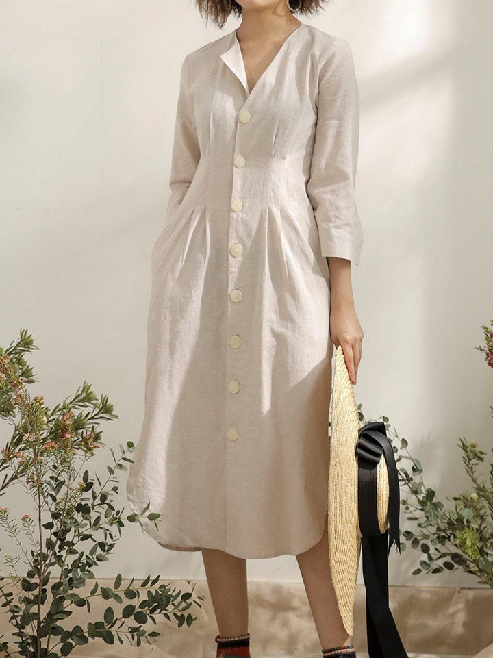 Women's Solid Color V-Neck Linen Pocket Dress