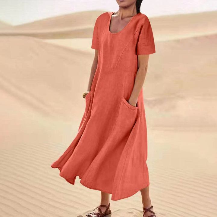 Women's Solid Color V-Neck Linen Pocket Dress