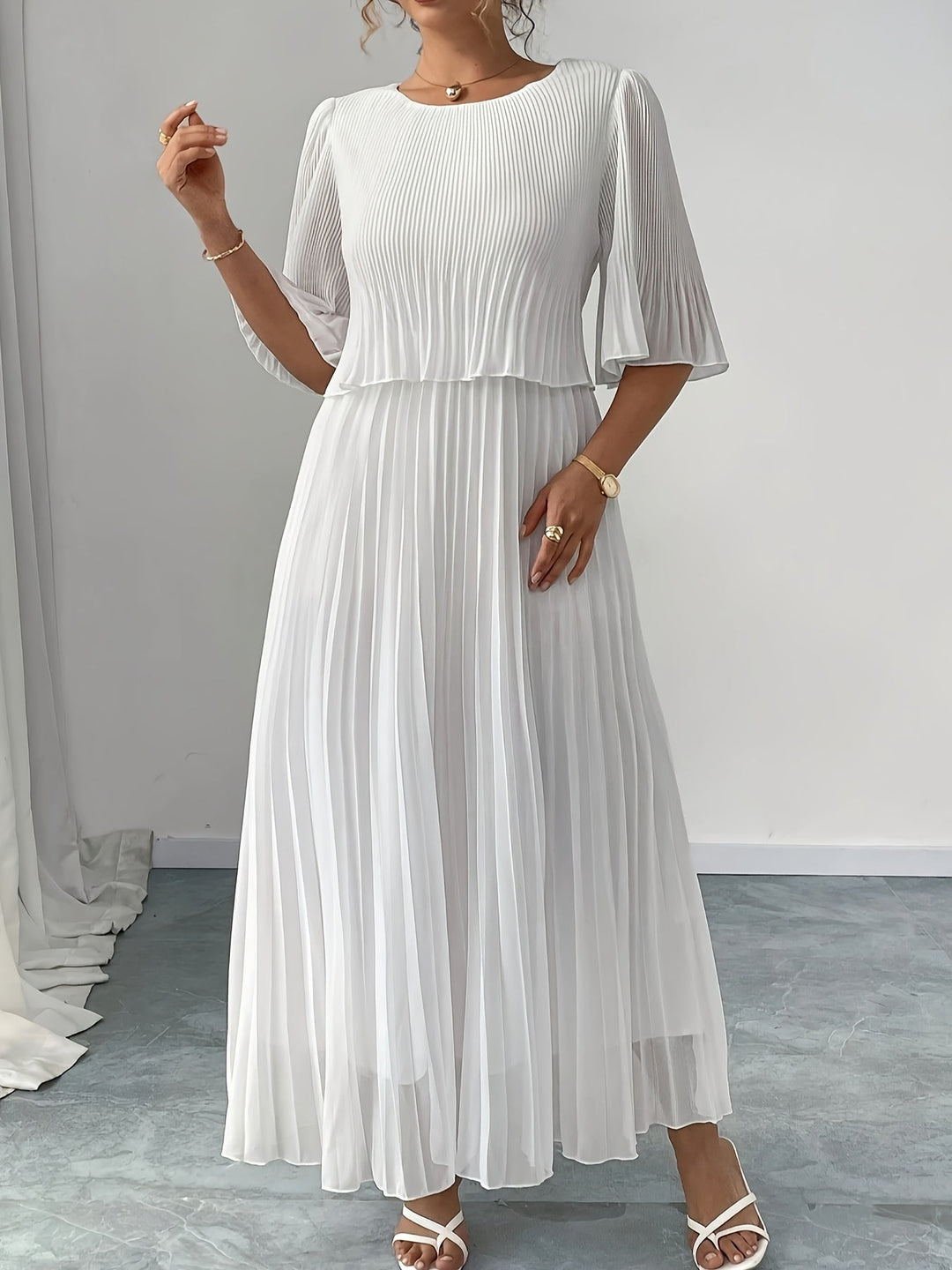 Claire - White Chiffon A-Line Pleated Dress