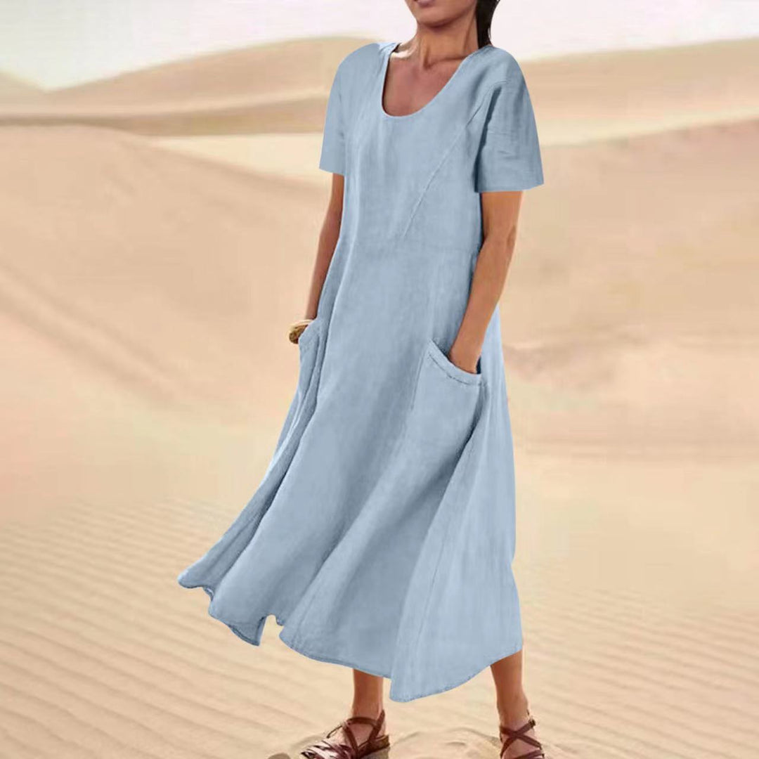 Women's Solid Color V-Neck Linen Pocket Dress