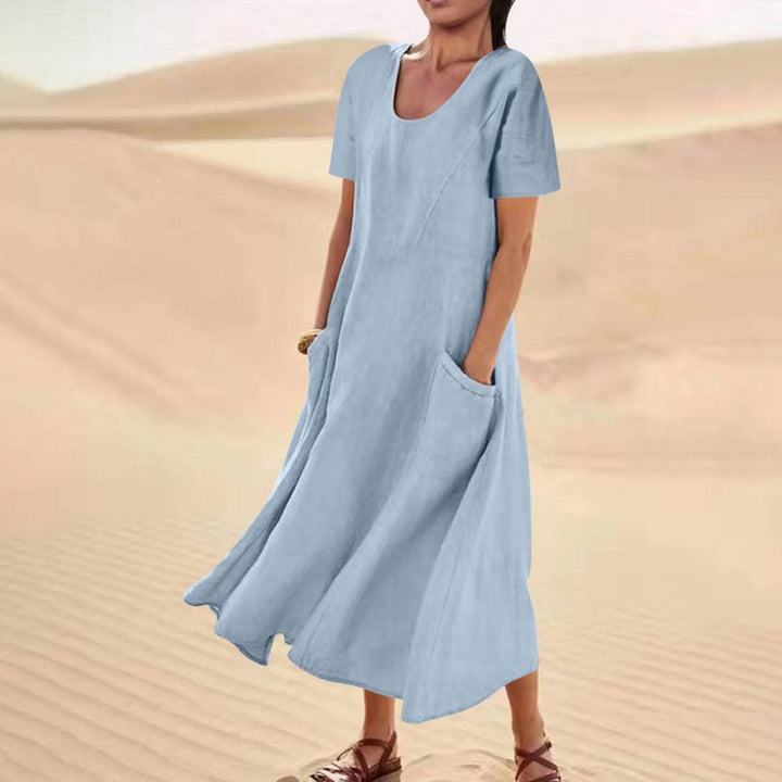 Women's Solid Color V-Neck Linen Pocket Dress