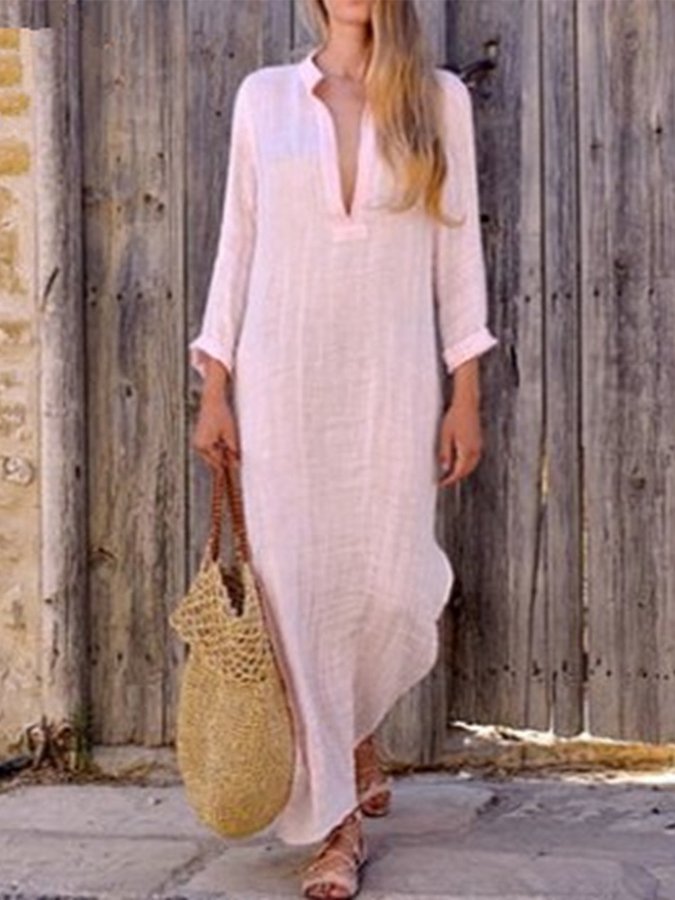 Women's Solid Color V-Neck Linen Pocket Dress