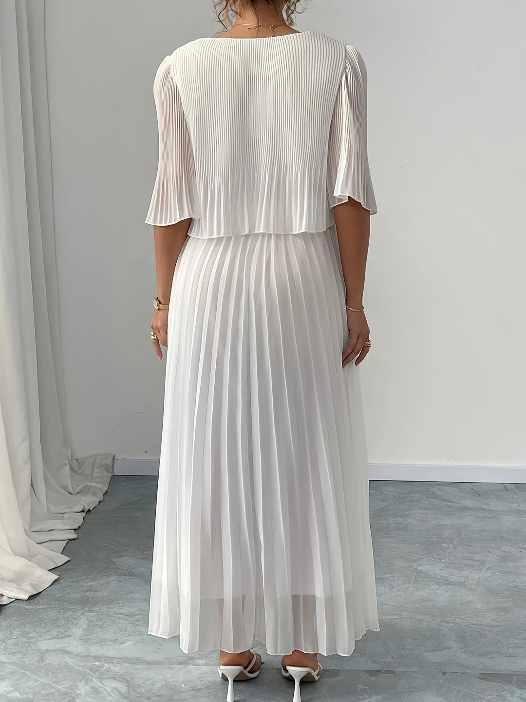 Claire - White Chiffon A-Line Pleated Dress