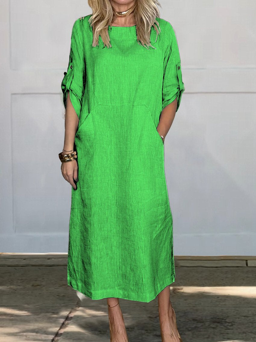 Women's Solid Color V-Neck Linen Pocket Dress