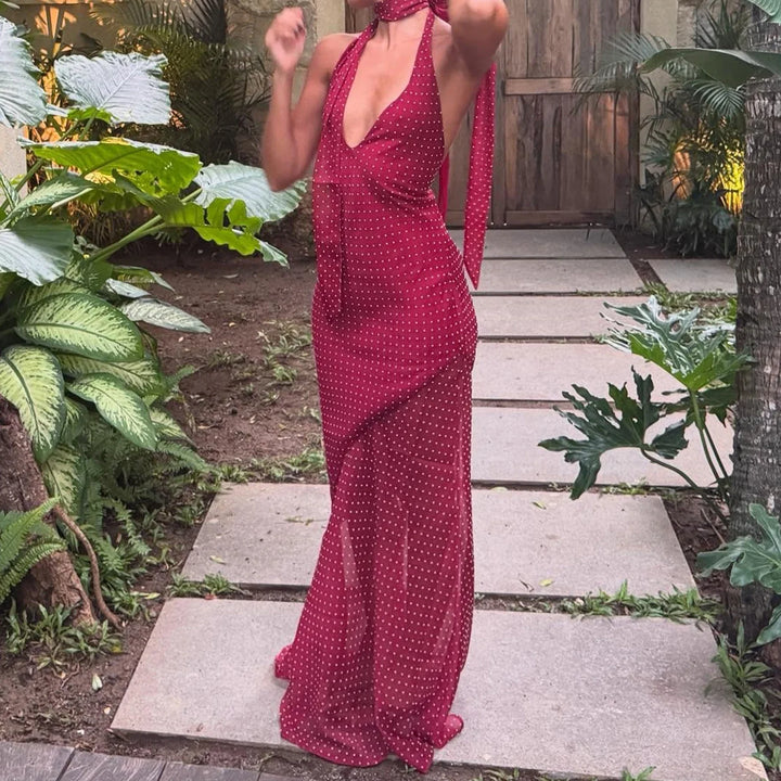 Halter Neck Mesh Maxi Dress with Sheer Overlay Detail