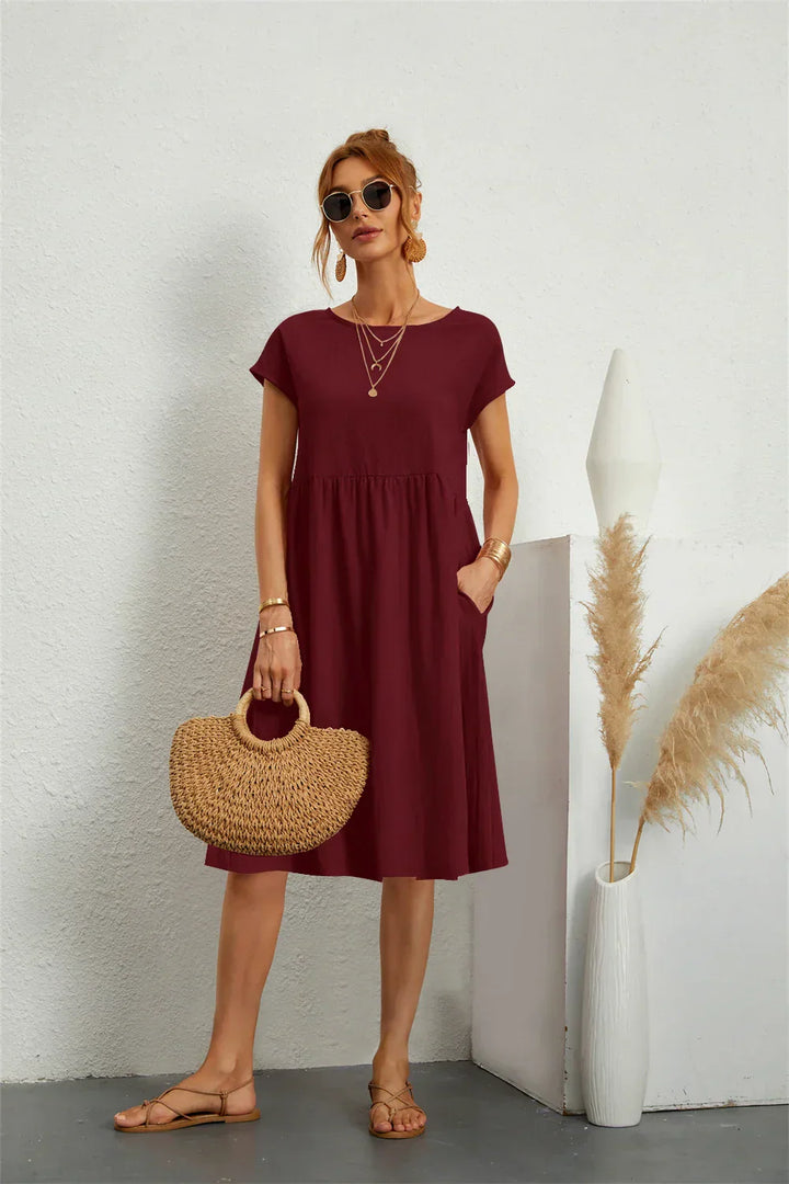 Women's Casual Dress | Midi Gathered Waist Seam