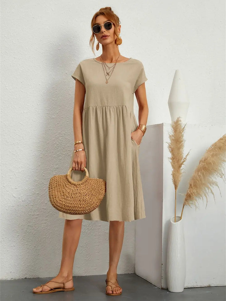 Women's Casual Dress | Midi Gathered Waist Seam