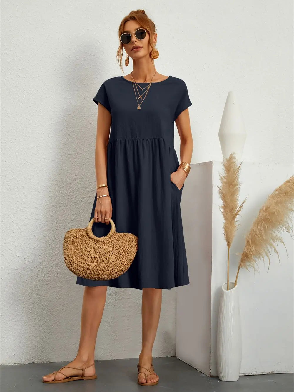 Women's Casual Dress | Midi Gathered Waist Seam