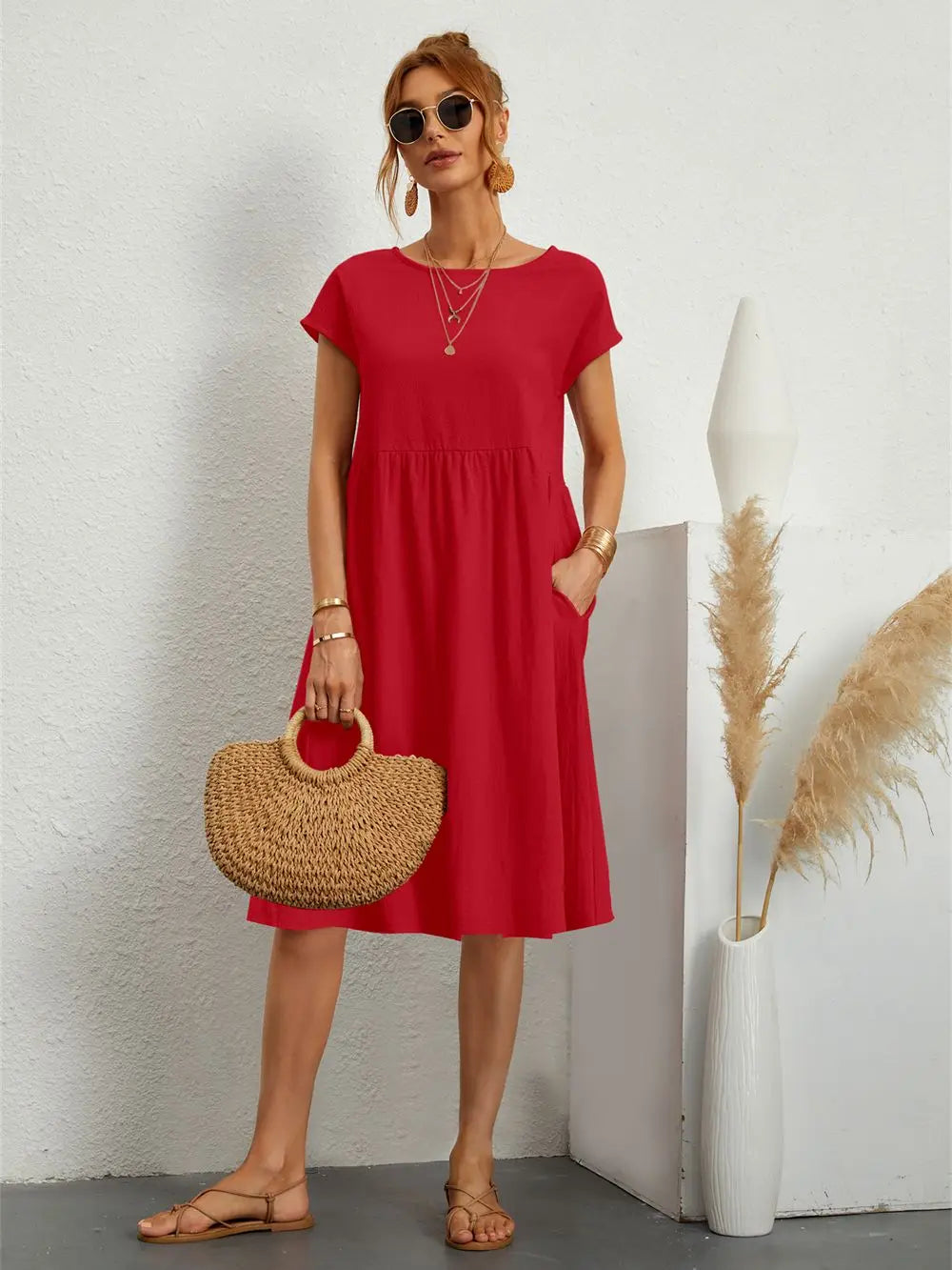 Women's Casual Dress | Midi Gathered Waist Seam