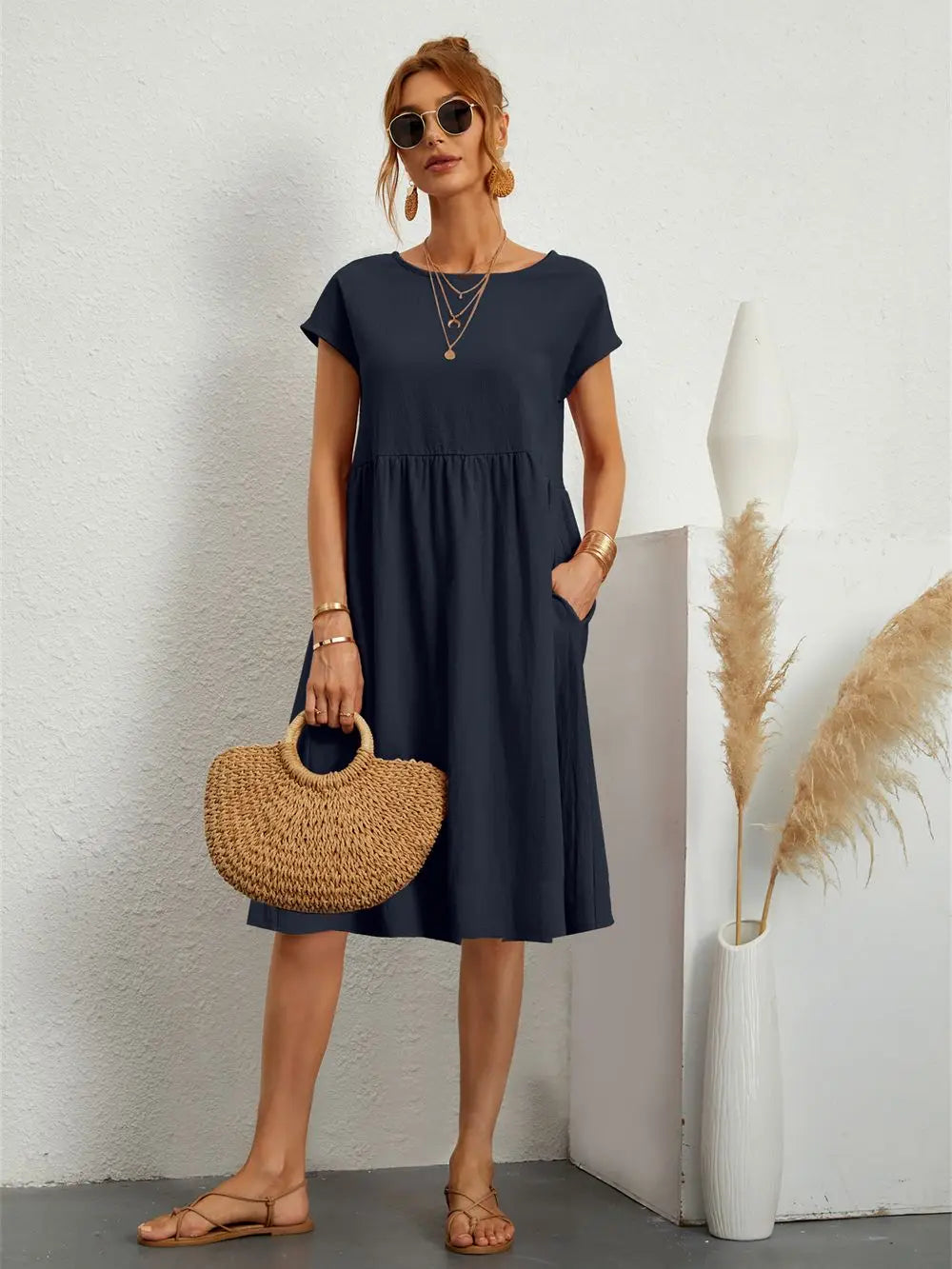 Women's Casual Dress | Midi Gathered Waist Seam