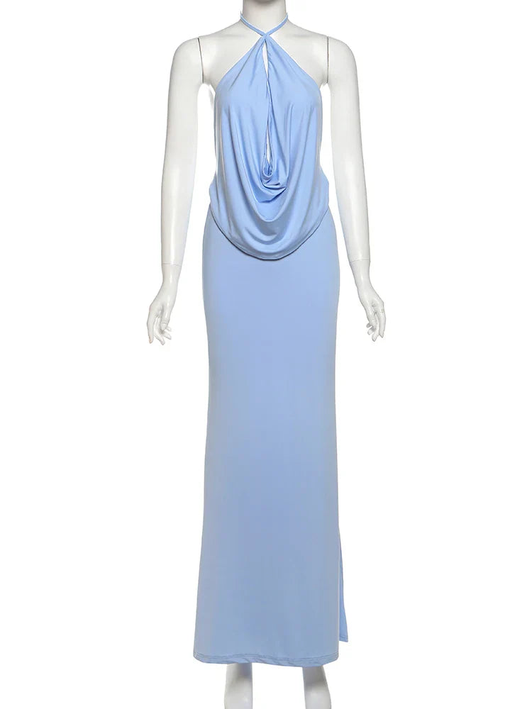 Halter Neck Maxi Dress – Draped Elegant Evening Dress for Women