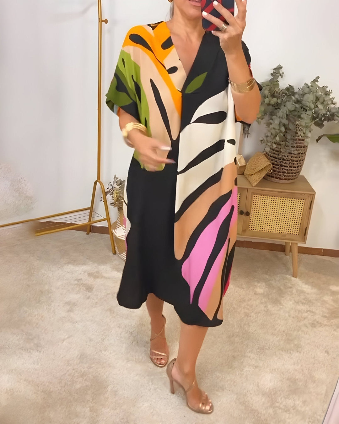 Women's Summer Dress | V-Neck Abstract Print Midi