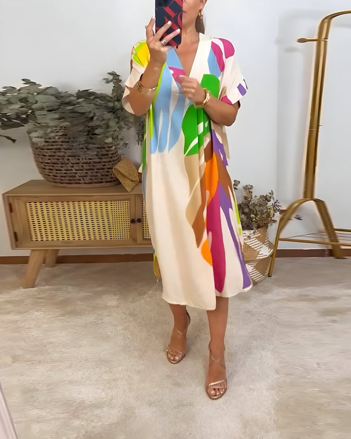 Women's Summer Dress | V-Neck Abstract Print Midi
