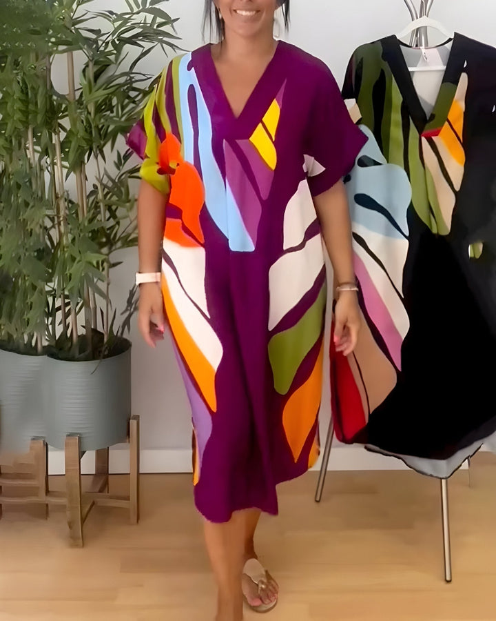 Women's Summer Dress | V-Neck Abstract Print Midi