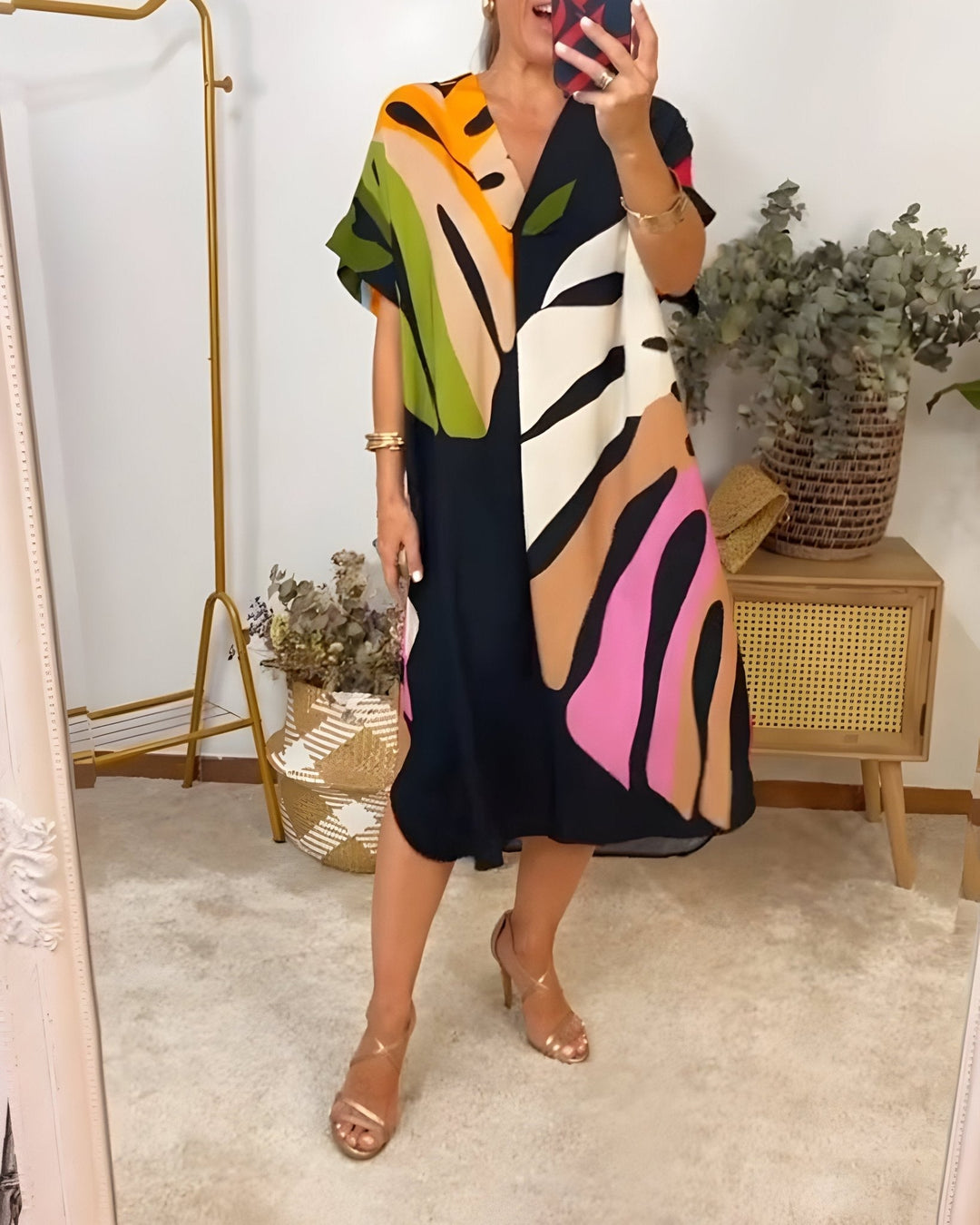 Women's Summer Dress | V-Neck Abstract Print Midi