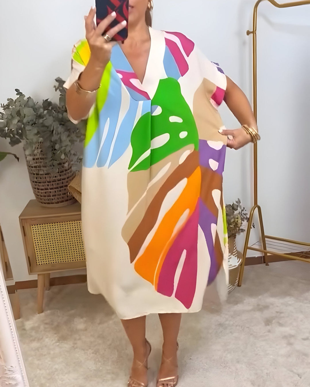 Women's Summer Dress | V-Neck Abstract Print Midi
