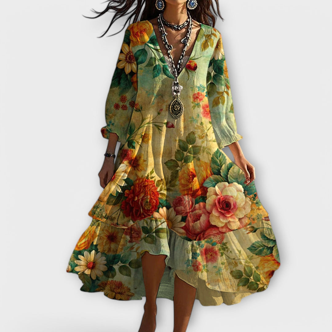 Women's Boho Dress | V-Neck 3/4 Sleeve Floral Midi